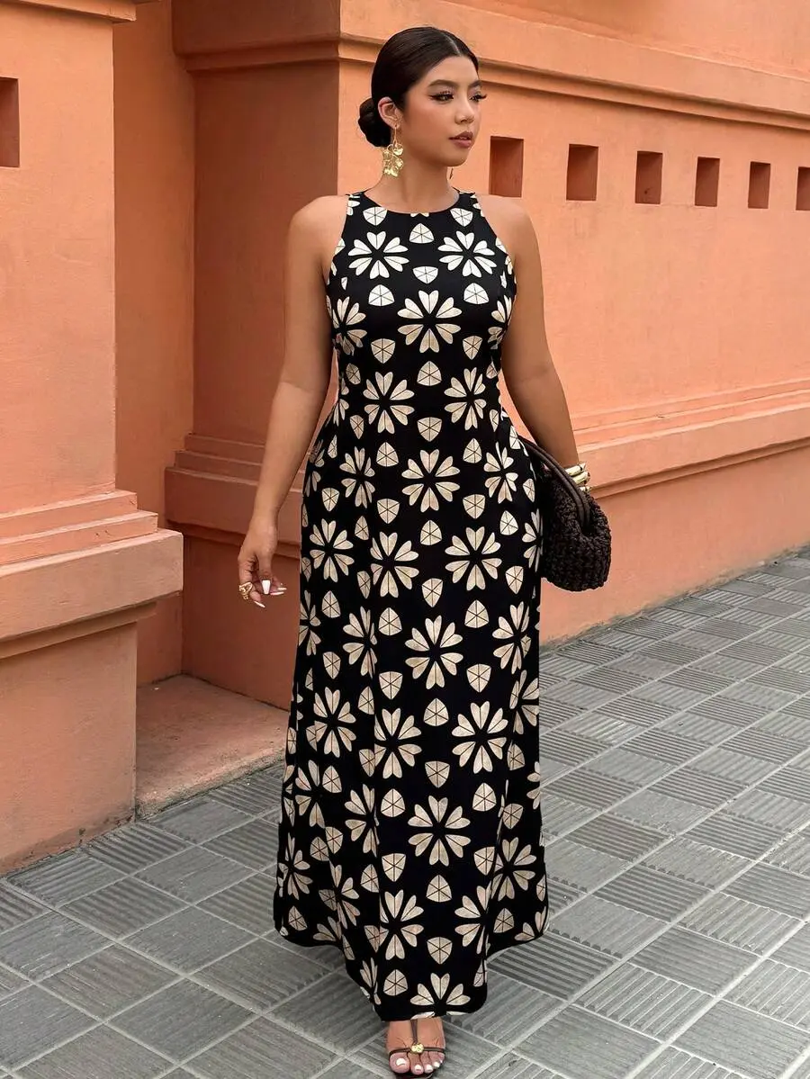 JOYCE Women's Sleeveless Elegant Floral Print Mermaid Dress, Graceful Daily & Vacation Dress, Suitable For Outing & Dating