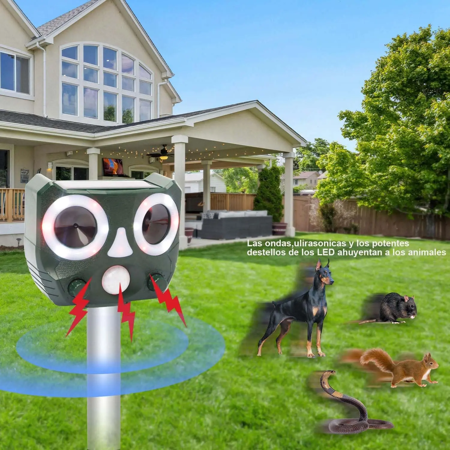 Solar Ultrasonic Animal Repeller Motion Sensor LED Flashing Light Outdoor Yard Garden Snake Squirrel Raccoon Dog Repellent Waterproof