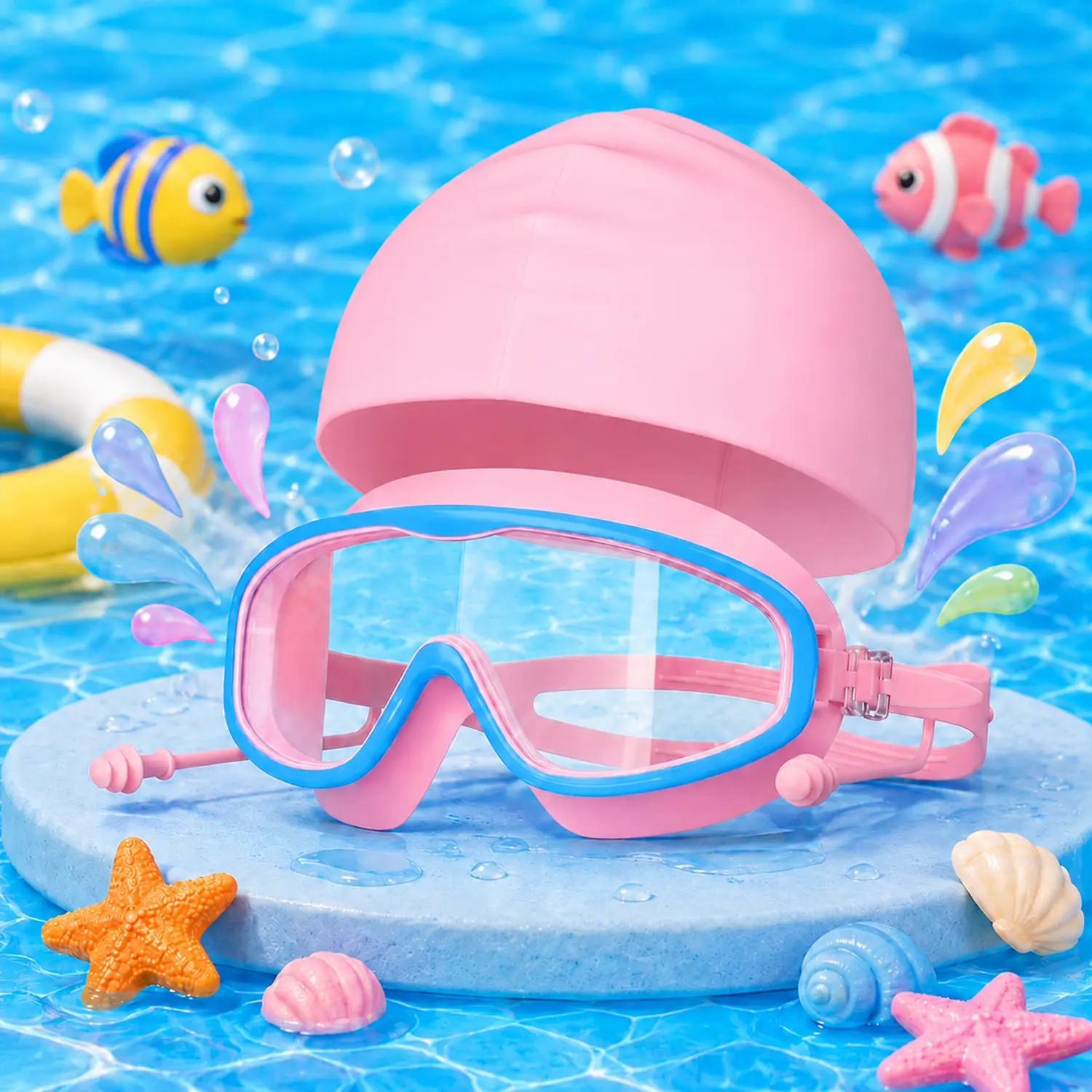 Kids Swim Goggles & Silicone Cap Set, Wide-View Anti-Fog UV-Protective Swimming Goggles with Earplugs for Boys and Girls, Pool, Beach & Swim Lessons
