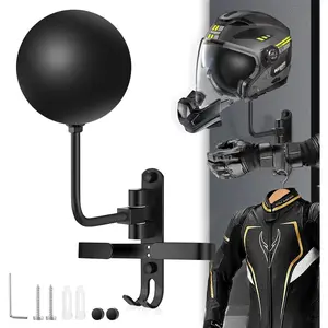 Motorcycle Helmet Rack Wall Mount 180 Degree Rotation Metal Bike Helmet Holder Mount Bicycle Helmet Display Hanger Stand with 2 Hooks for Motorcycle Bike Baseball Rugby Helmet - 1 Pack