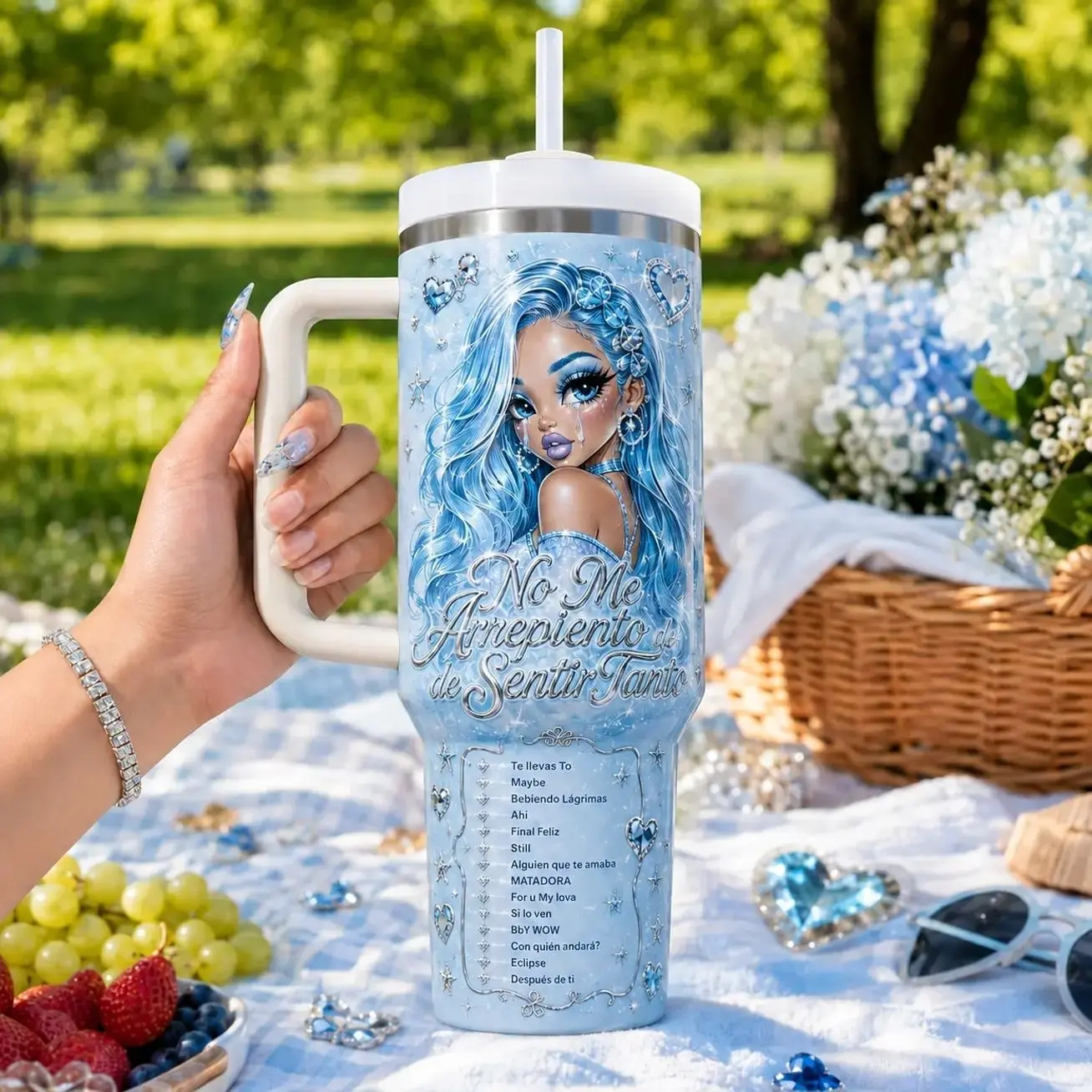 La Bichota No Me Arrepiento de Sentir Tanto Album Release 2026 40oz Stainless Steel Tumbler with Handle and Straw, Bichotas Fandom Reggaeton Insulated Travel Mug, Latin Pop Music Cup, Concert Style Gift for Women and Men