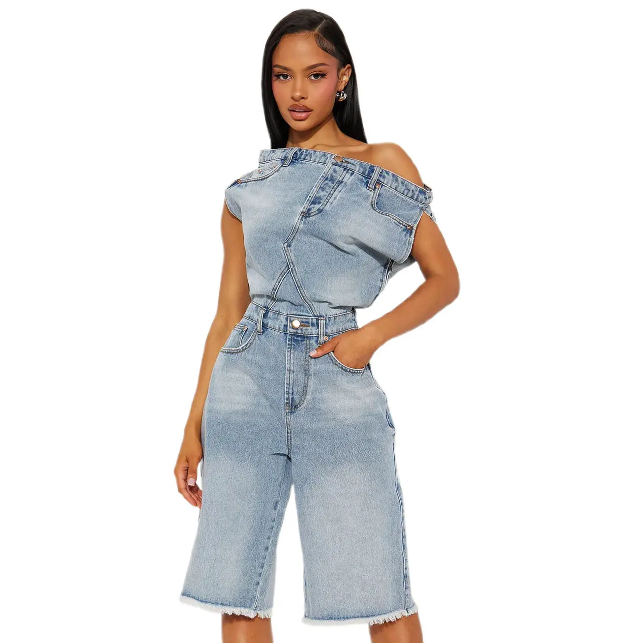 Women's Fashion Denim Romper Off-Shoulder Sleeveless Bermuda Short Jumpsuit with Five Pockets