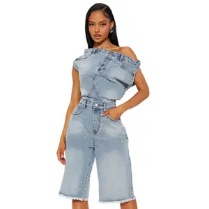 Women's Fashion Denim Romper Off-Shoulder Sleeveless Bermuda Short Jumpsuit with Five Pockets