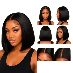 Bob Wig Human Hair 13x4 HD Lace Front Wig Natural Black 1B# 180 Density Pre-Plucked
