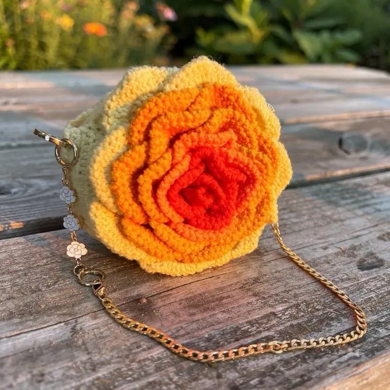 Crochet Rose Bag - Handmade Flower Design with Chain Strap for Stylish Accessory