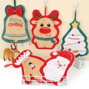 6-piece hanging style handkerchief with cute cartoon Christmas pattern Hand Towel, strong water absorption and quick drying towel suitable for bathroom, kitchen, living room decoration, coral fleece material, ultra-fine fiber towel