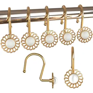Set of 12 Heavy Duty Metal Decorative Curtain Rings-Vintage Rustproof Curtain Hooks Hangers for Bathroom Shower Rods, with Flower Pearl, Brass Gold