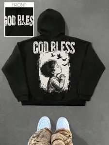 Men's Vintage American Style Casual Hoodie Sweatshirt, Portrait Print, Loose Fit Shoulder Drop, Fall Layering & Single Wear, Trendy Men's Clothing