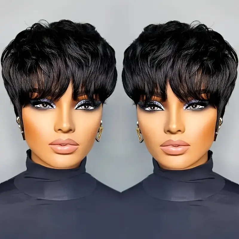 Women's Glueless 180% Density Brazilian Remy Human Hair Short Layered Cut Pixie Wig - Female Full Machine Made Forward Chic Wig with Bangs