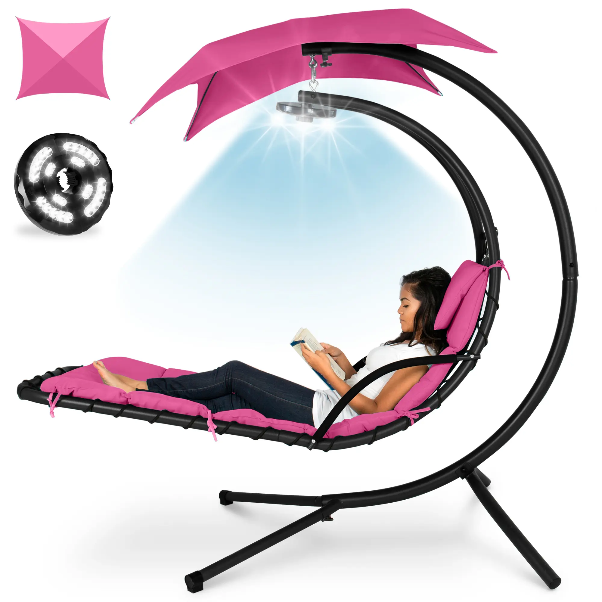 Best Choice Products Hanging LED-Lit Curved Chaise Lounge Chair for Backyard, Patio w/ Pillow, Canopy, Stand Best Choice Products Hanging LED-Lit Curved Chaise Lounge Chair for Backyard, Patio w/ Pillow, Canopy, Stand