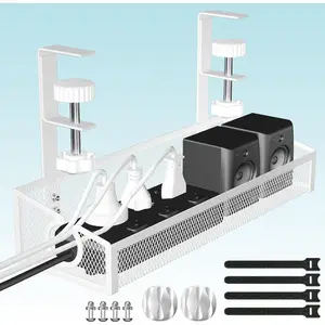 Under Desk  Management Tray White, No Drill Desk  Management Organizer with Clamp for Desk Wire Management, PC Cord Organizer Accessories & Workspace Organizers for Office,