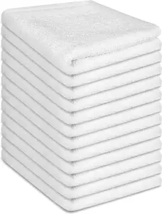 12 Pack 100% Cotton Wash Cloth, 12X12 Inch Highly Absorbent and Soft Feel Fingertip Towels, Machine Washable Washcloths for Bathroom, Gym, Hotel, Spa and Kitchen, White INFICRIME