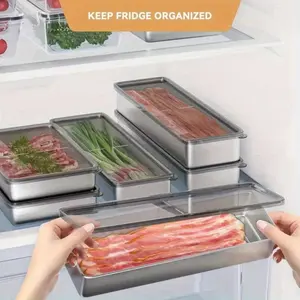 6pcs Stainless Steel Refrigerator Storage Container with Lid Reusable and Stackable Vegetable and Meat Freshness Preservation Box for Kitchen Organization, Food Safe Contact, Fridge Organizer Accessory