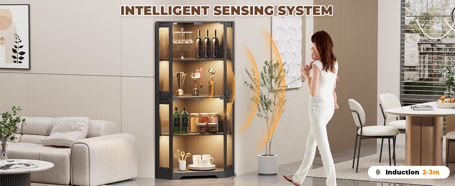 MIIFUNY Corner Display Cabinet with Glass Doors, 65" Lighted Curio Cabinet with 3 Color Lights for Collectibles, Toys, 4-Tier Showcase Display Case with Human Body Sensor for Living Room, Black