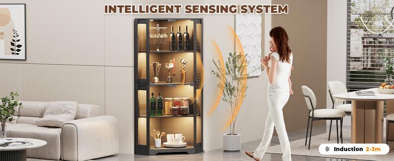 MIIFUNY Corner Display Cabinet with Glass Doors, 65" Lighted Curio Cabinet with 3 Color Lights for Collectibles, Toys, 4-Tier Showcase Display Case with Human Body Sensor for Living Room, Black