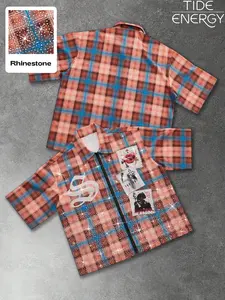 Men's Retro Plaid Rhinestone Zipper Shirt, Casual Patchwork Print, Avant-Garde Subculture Urban Hip Hop Street Style Short Sleeve Top