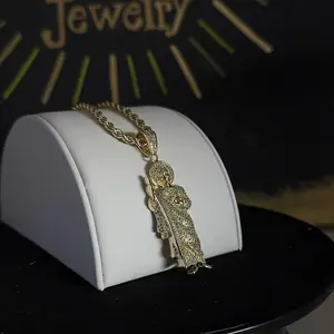 Gold Plated Iced Saint Jude Bead Pendant - Mid-Size, 24in 4mm Long Rope Chain, Fashionable Costume Gift Jewelry Necklace, Anniversary Gifting Accessory