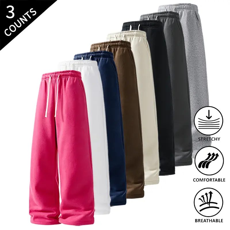 3-Pack Men’s Elastic Waist Straight-Leg Casual Pants, Adjustable Drawstring, Loose Fit, Wide-Leg Trousers, Multi-Occasion Everyday Wear, Loungewear, Athletic Pants with Side Pockets