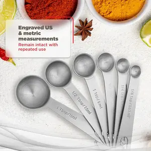 6 Piece Stainless Steel Measuring Spoons Set, Us and Metric Units, Detachable Ring, Dishwasher Safe, Includes 1tbsp, 1tsp, 1/2tbsp, 1/2tsp, 1/4tsp, 1/8tsp.Simplify your kitchen routine with measuring spoons that are dishwasher safe and quick to clean