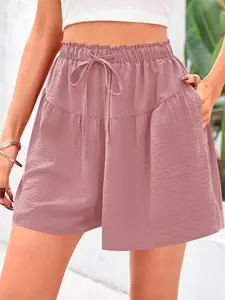Summer New Drawstring Waist Women's Beach Casual Fashion Elegant Versatile Loose Wide Leg Shorts, Stylish Ladies' Short Pants
