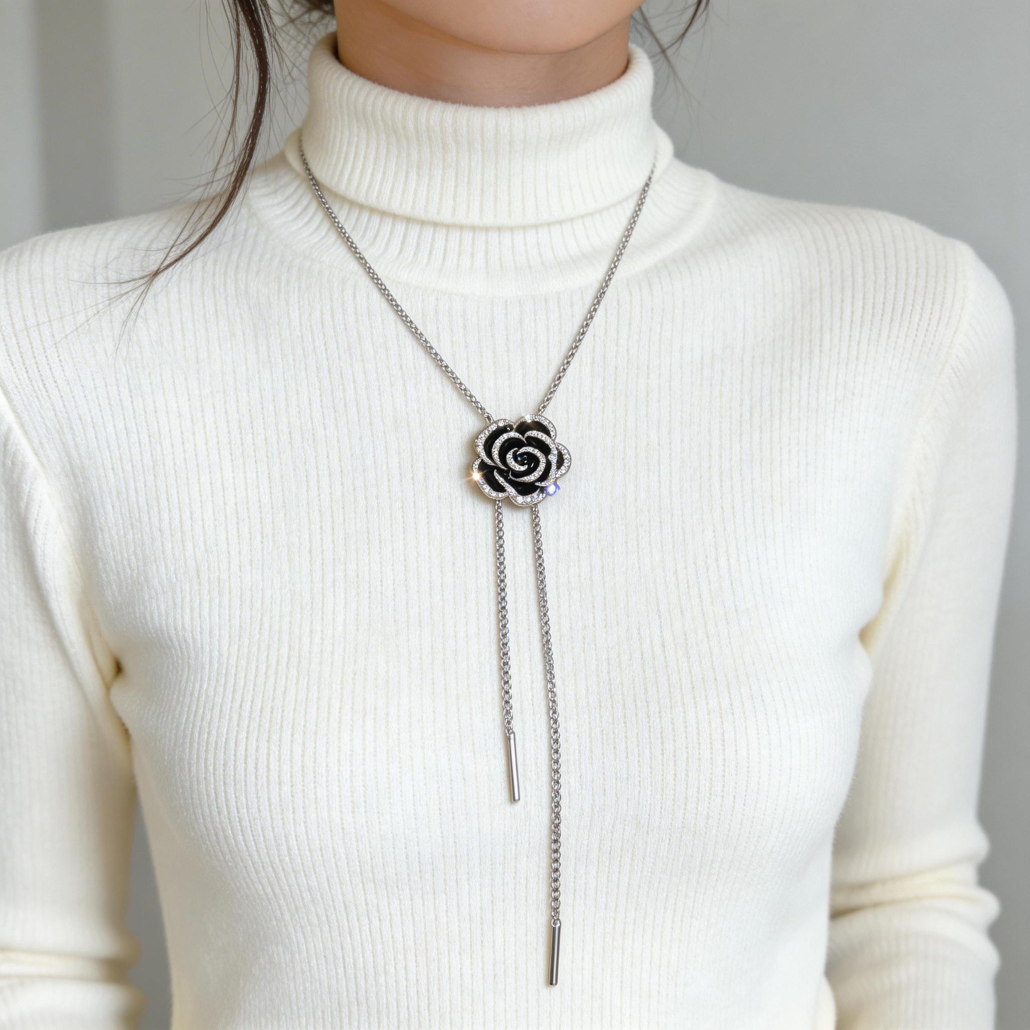 Sensitive Skin-Safe Black Rose Necklace, Adjustable Chain, a Surprise Gift for Anniversary/Prom Hypoallergenic Luxury Rose Necklace & Brooch, Sparkling CZ, a Precious Gift for Her Sensitive Skin