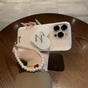 Heart Pattern Phone Case with Chain & Holder, Fashion Phone Protective Cover, Phone Accessories Compatible with iPhone 11 12 13 14 15 Pro Max, Casing