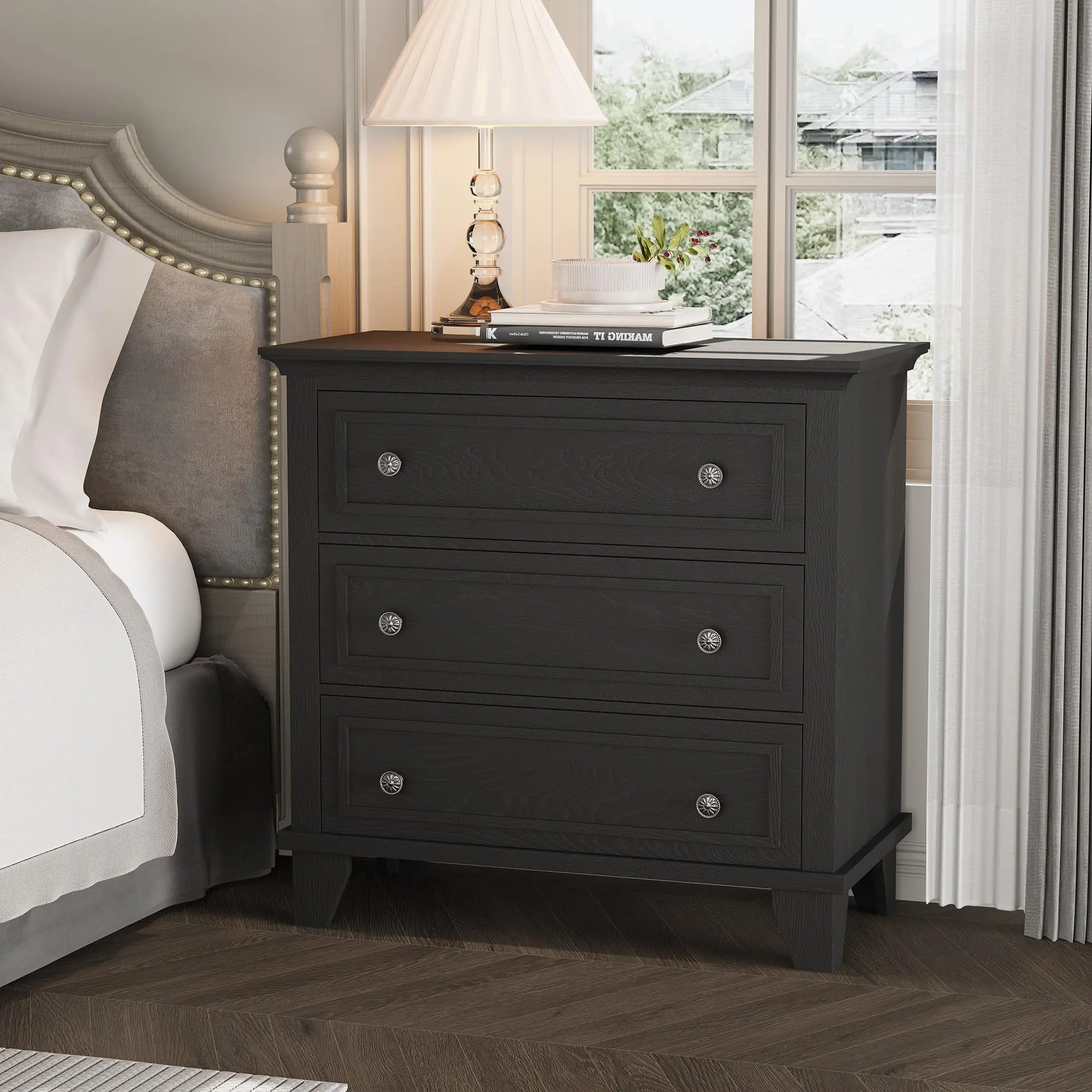 Garvee 3 Drawer Dresser, Wooden Storage Chest of Drawers with Exquisite Metal Handles, Small Storage Cabinet, Modern Design Dresser for Bedroom, Living Room, Hallway, Entryway, Black