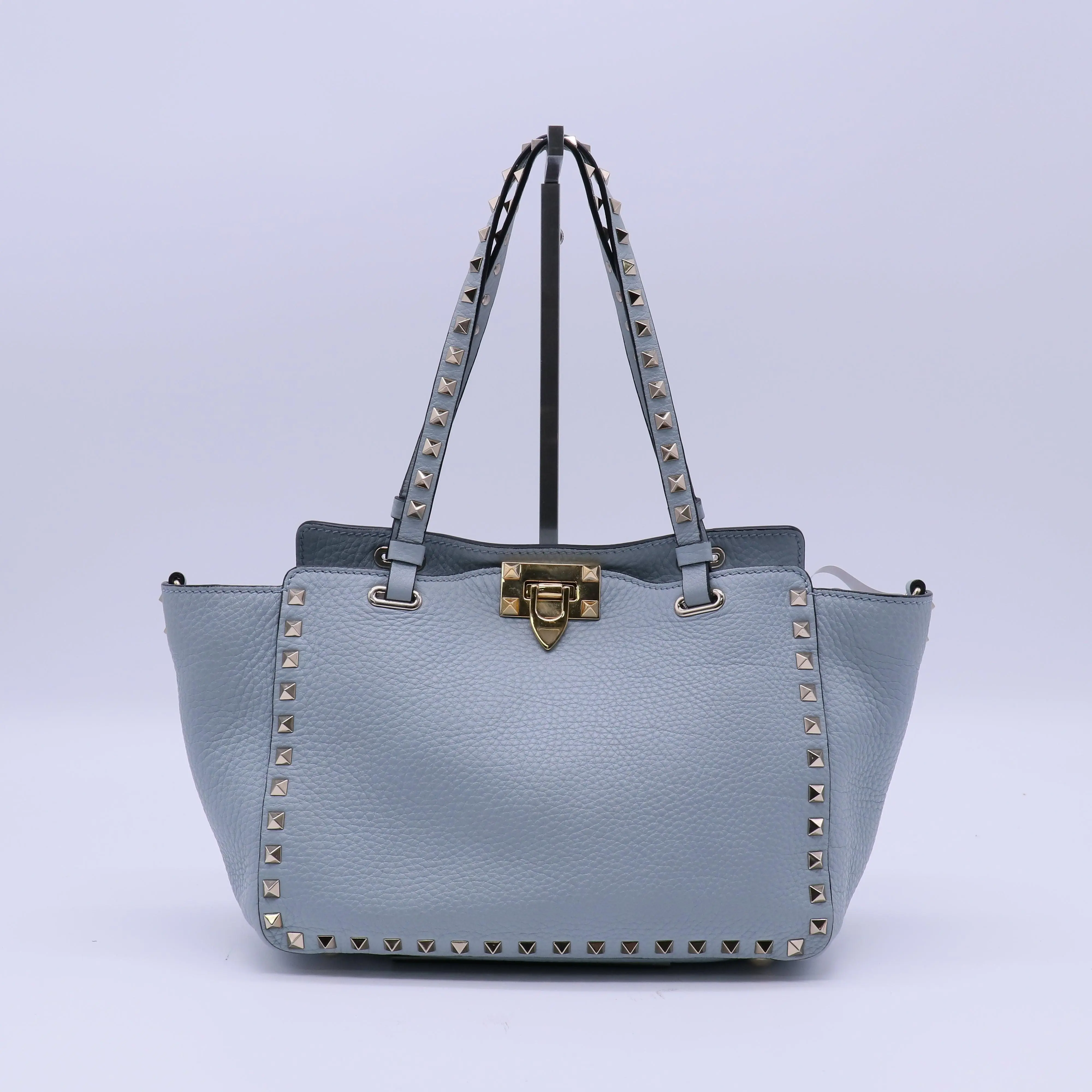 Pre-owned Valentino Leather Shoulder Bags Garavani Calfskin Medium Rockstud Tote Blue twins B20345