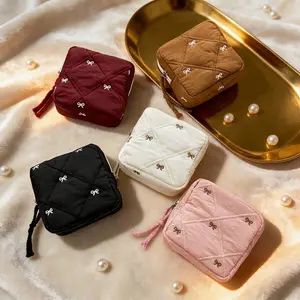 Lattice Velvet Bow Makeup Bag, Travel Washbag, Lipstick Case, Multi-Functional Sanitary Towel Storage, Valentine's Day Gift Organizer