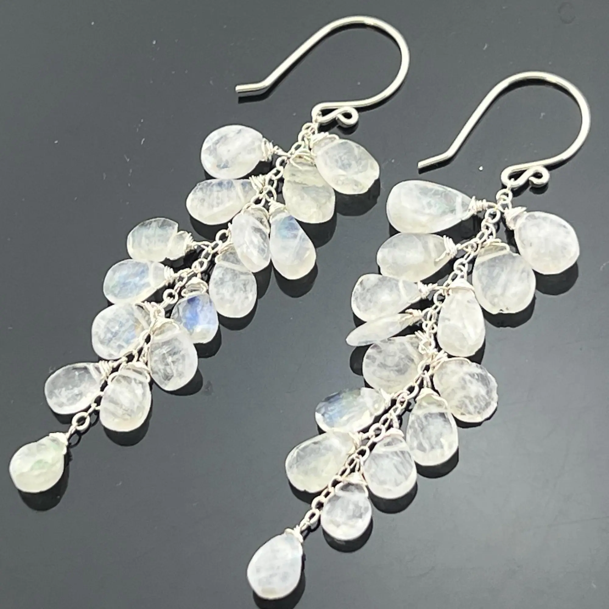 Rainbow Moonstone Long Cascade Earrings • 925 Sterling Silver • Genuine Gemstone Dangle Earrings
