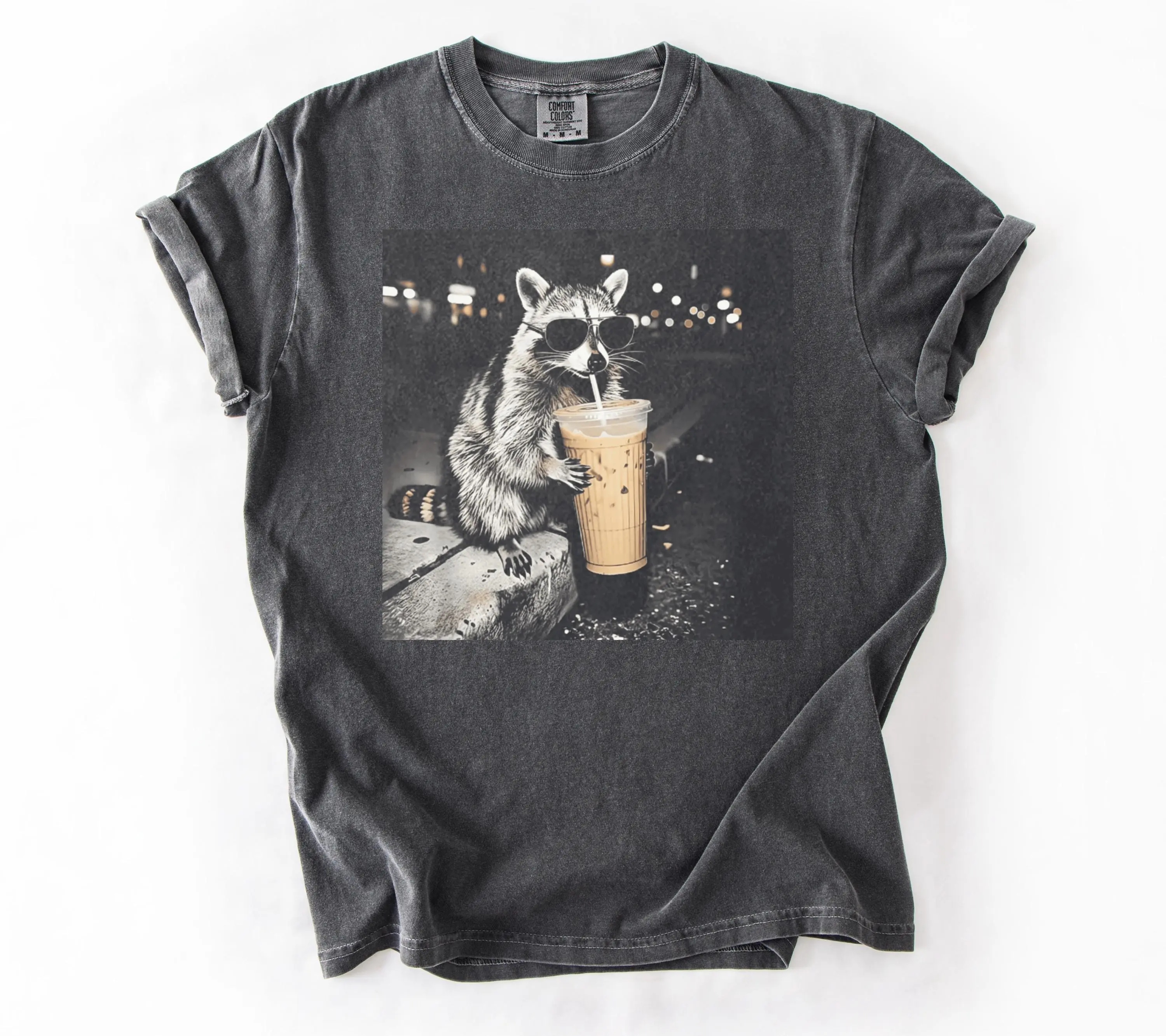 Comfort Colors Retro Raccoon Drinking Iced Coffee Shirt | Funny Animal Meme Tee | Coffee Lover Raccoon Shirt | Unisex Graphic T-Shirt
