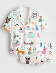 Dog Party Print Pajama Set, Cute Animal Theme Sleepwear, Short Sleeve Satin Top, Elastic Waist Shorts, Fun Lounge Outfit Gift