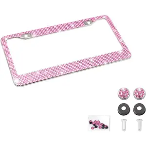 Bling Car License Plate Frame, Handcrafted Crystal Stainless Steel, Sparkly, Durable, Universal Fit, Car Accessories for Girls, Women (Pink)