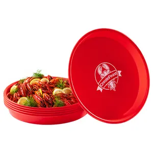 Creole Feast 15-Inch Plastic Crawfish Plates, Set of 6 Heavy Duty Seafood Boil Platters, Reusable Round Trays for Parties, Picnics, Outdoor & Indoor, Red