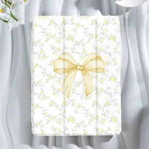 Cute Yellow Floral Tablet Case for iPad 10th Generation 10.9 Inch 2022, Aesthetic Yellow Bow Slim Stand Protective Cover with Auto Wake/Sleep for iPad Air 5th/4th Gen 10.9" Pro 11"
