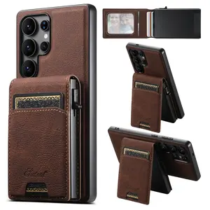 Magnetic Wireless Charging  Smartphone Case Card Slot Luxury Faux Leather Wallet Button Card Box Picture Frame Support For Samsung S26Ultra S25Plus S24 S23 S22 Note20