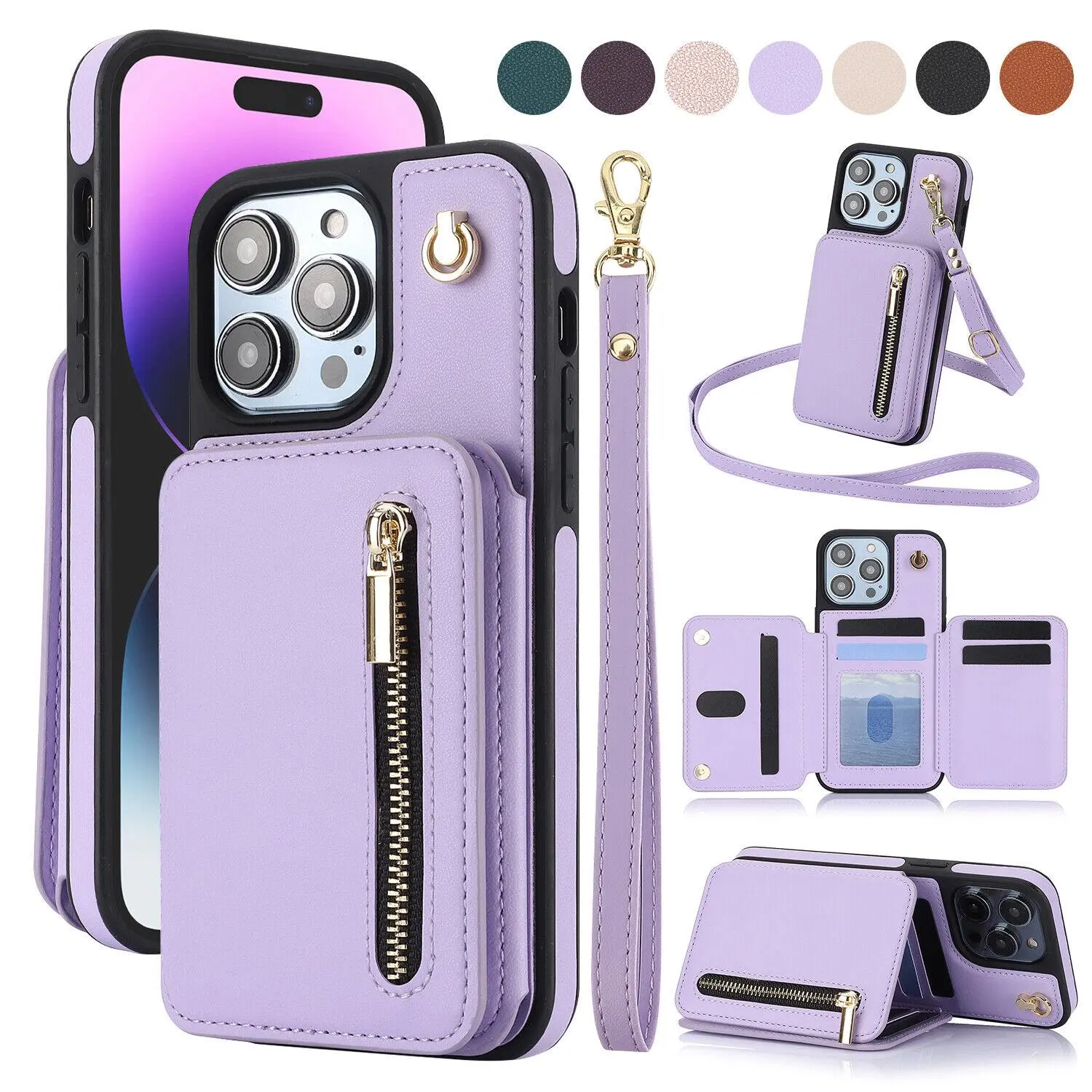 OREKROY Crossbody Wallet Case for iPhone 17 16 15 Pro Max Plus 14 13 12 11 Pro Max PU Leather RFlD Blocking Cash Holder Card Wallet,Flip Stand Protective Cover Crossbody Lanyard Strap Wristband