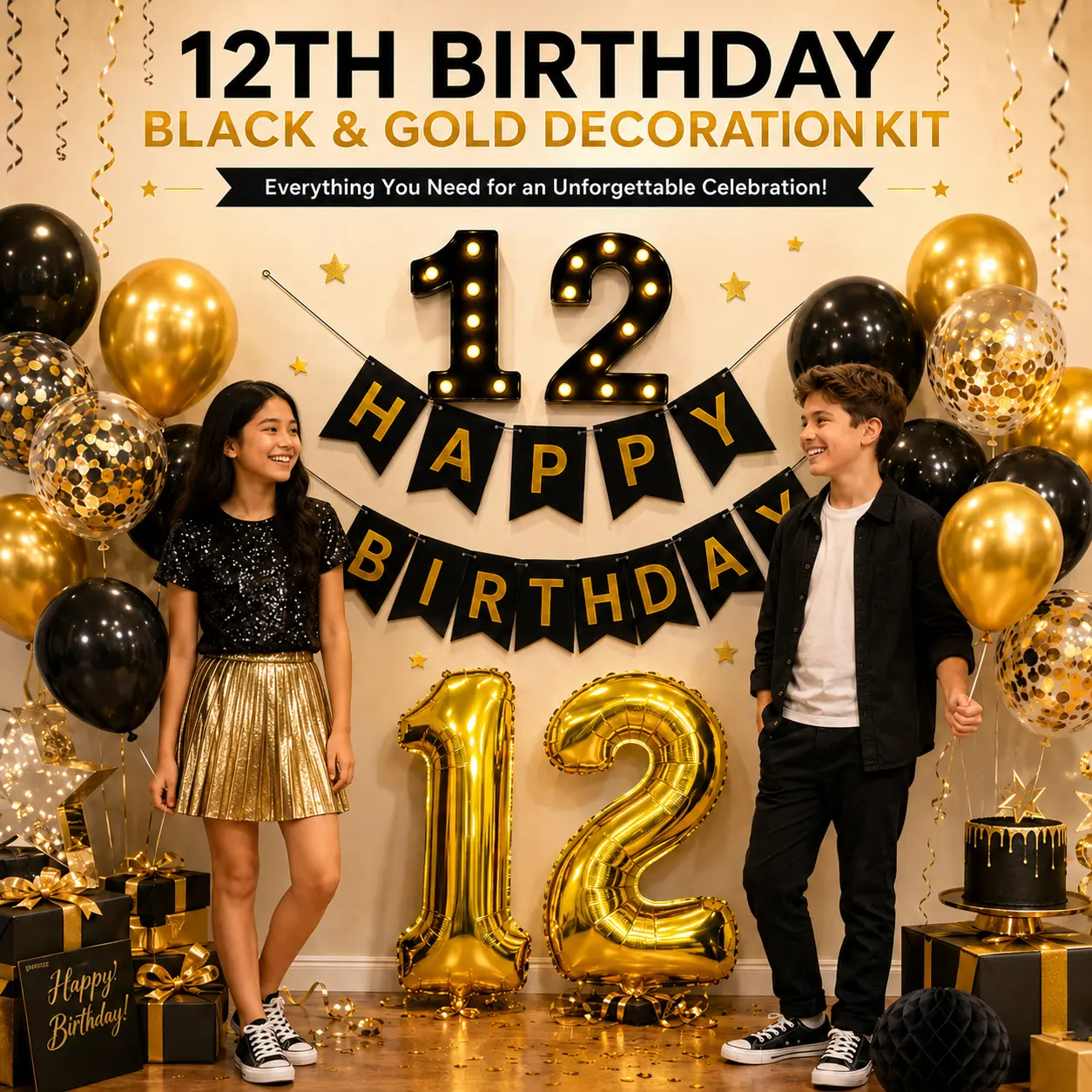Black and Gold 12th Birthday Party Complete Kit, Festive Home Supplies Including LED Number Lights, 12 Number Balloons, Happy Birthday Banner, Latex Balloons, Photo Backdrop and Wall Decor Kit, Led Lights