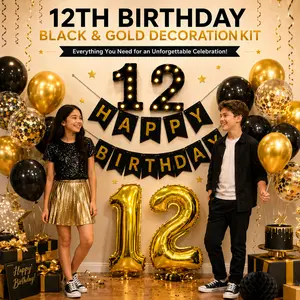 12th Birthday Decorations Black and Gold Party Kit with LED Number Lights, 12 number balloons, Happy Birthday Banner and Balloons