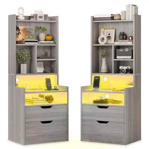 2PCS Grey LED Tall Bedside Tables with Bookshelf, Indoor Bedroom Furniture Piece