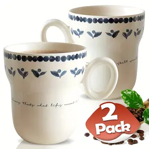 2 Pack 400ml/13oz Ceramic Coffee Mugs Set, Drinkware, Large Capacity Hot Chocolate Mugs, Vintage Style in White with Blue Floral Patterns, Ink Style Mug Milk Breakfast Mug Suitable for Office Home Restaurant Cafe