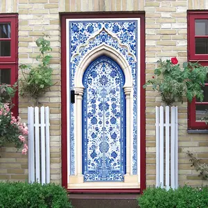 2pcs Blue and White Porcelain Style Decorative Door Wall Sticker, Vintage Floral Pattern, Self-Adhesive Removable Vinyl Decal, Suitable for Living Room Bedroom Home Decoration, European Arch Design,