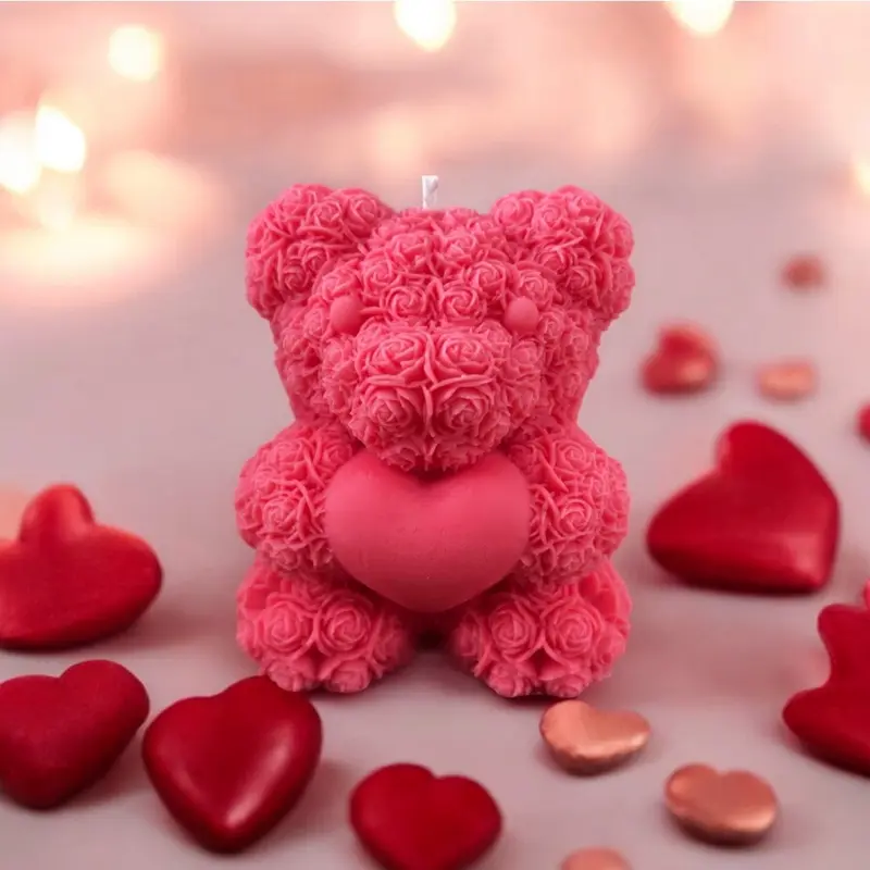 Rose Bear Pillar Candle - 10oz - 100% Soy Wax - Luxurious Bohemian Rose Scent