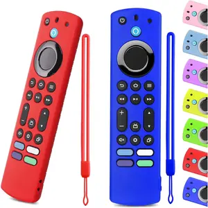 X-RTC04   (2pcs) Silicone Remote Cover for Firetv 4K Max (2nd)/ Insignia/Pioneer/Omni (QLED) Series Alexa Voice Remote Enhanced w, Anti-Slip Protective Case with Same Color Lanyard (Blue&Red)