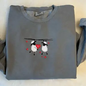Hanging onto Love SheepEmbroidered Crewneck Sweatshirt
