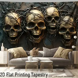 2D Flat Dreamy Skeleton Landscape Tapestry, HD Digital Print Aesthetic Polyester Wall Hanging, Photo Booth Decor for Living Room Bedroom Party Decoration, Party Banner