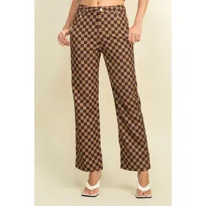 Checkerboard Corduroy Straight-leg Pants with Pockets