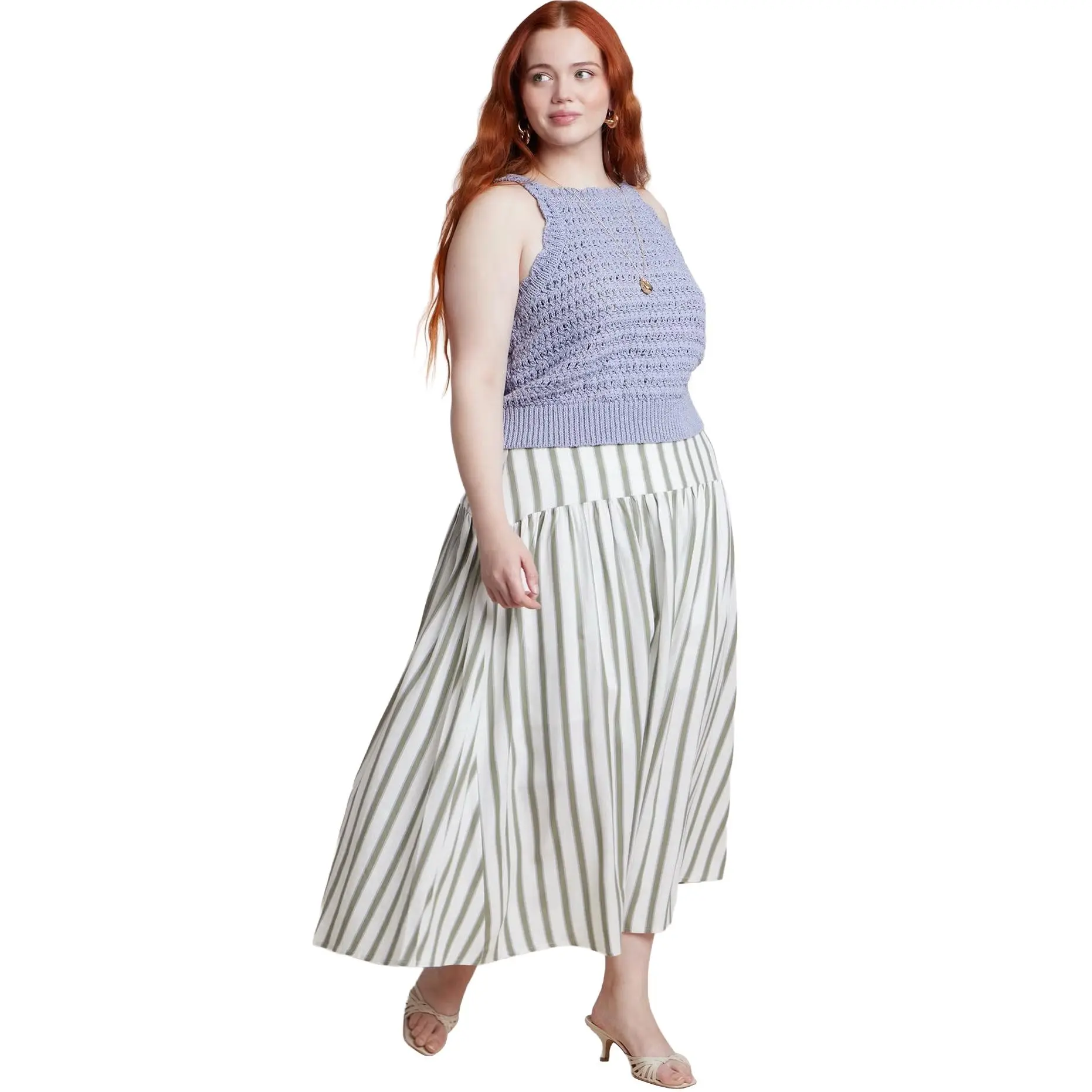 ELOQUII Women's Plus Size Drop Waist Striped Linen Skirt
