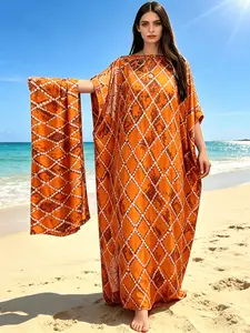 1dress+1scarf Rust Orange Geometric Printed 2 Piece Satin Boho Caftan Beach Set Women Oversized Summer Beach Cover Up Robe Loose Muslim Abaya Resort Party Maxi Nightgown
