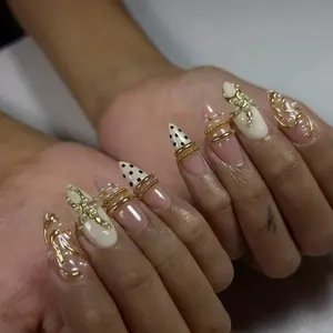 EG13- Gold Sculpted French Press-On Nails, White Polka Dot Tips, Liquid Metal Detail, Pearl Chain Accent, Glossy Nude Luxury Handmade Statement Holiday Nail Set, Gift for Her